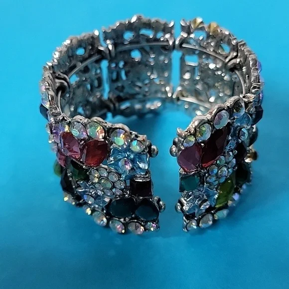 Cocktail Colorful Multi-Color Embellished Floral Rhinestone Stretchable Bangle - Picture 5 of 11